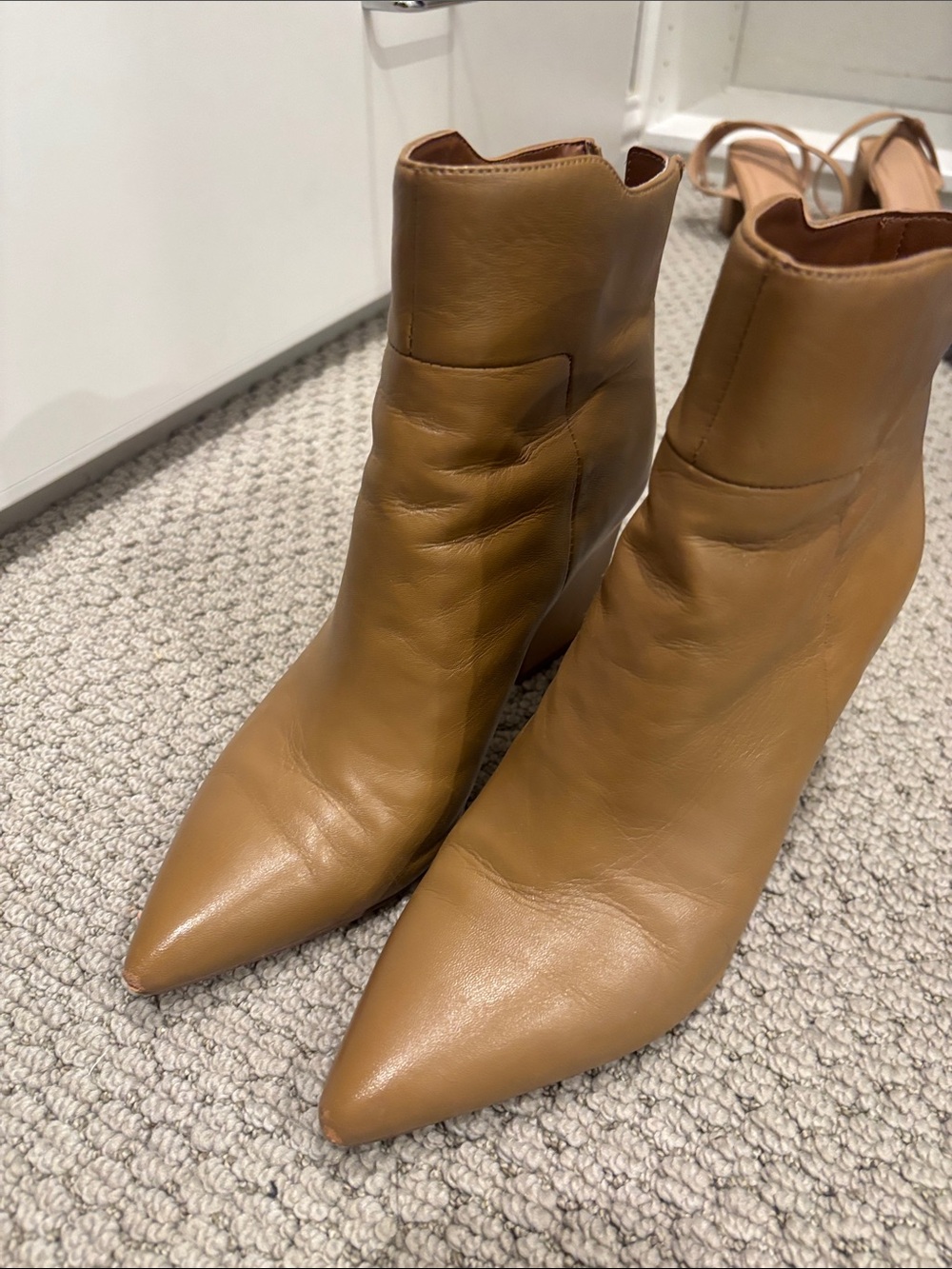Tan Pointed Toe Heeled Ankle Boots - Women